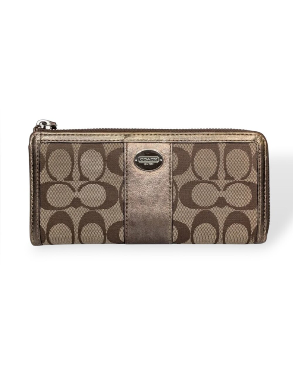 Coach Wallet Signature Monogram Bronze Tan Metallic Stripe Canvas & Leather Zip‎